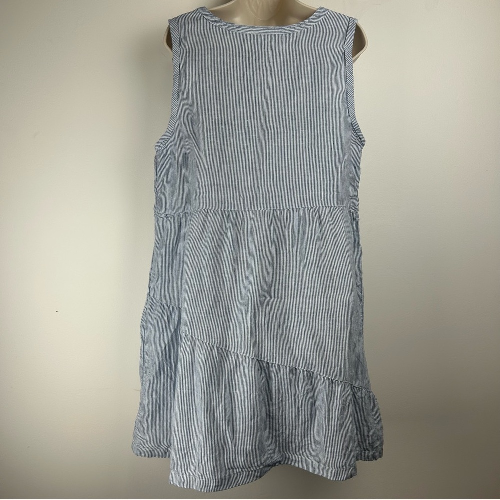 Lucky Brand Blue Striped V Neck Asymmetrical Tiered Linen Dress sz XL Coastal - Picture 9 of 14